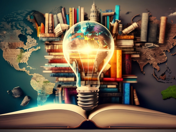 Lightbulb overlaid on a world map with books