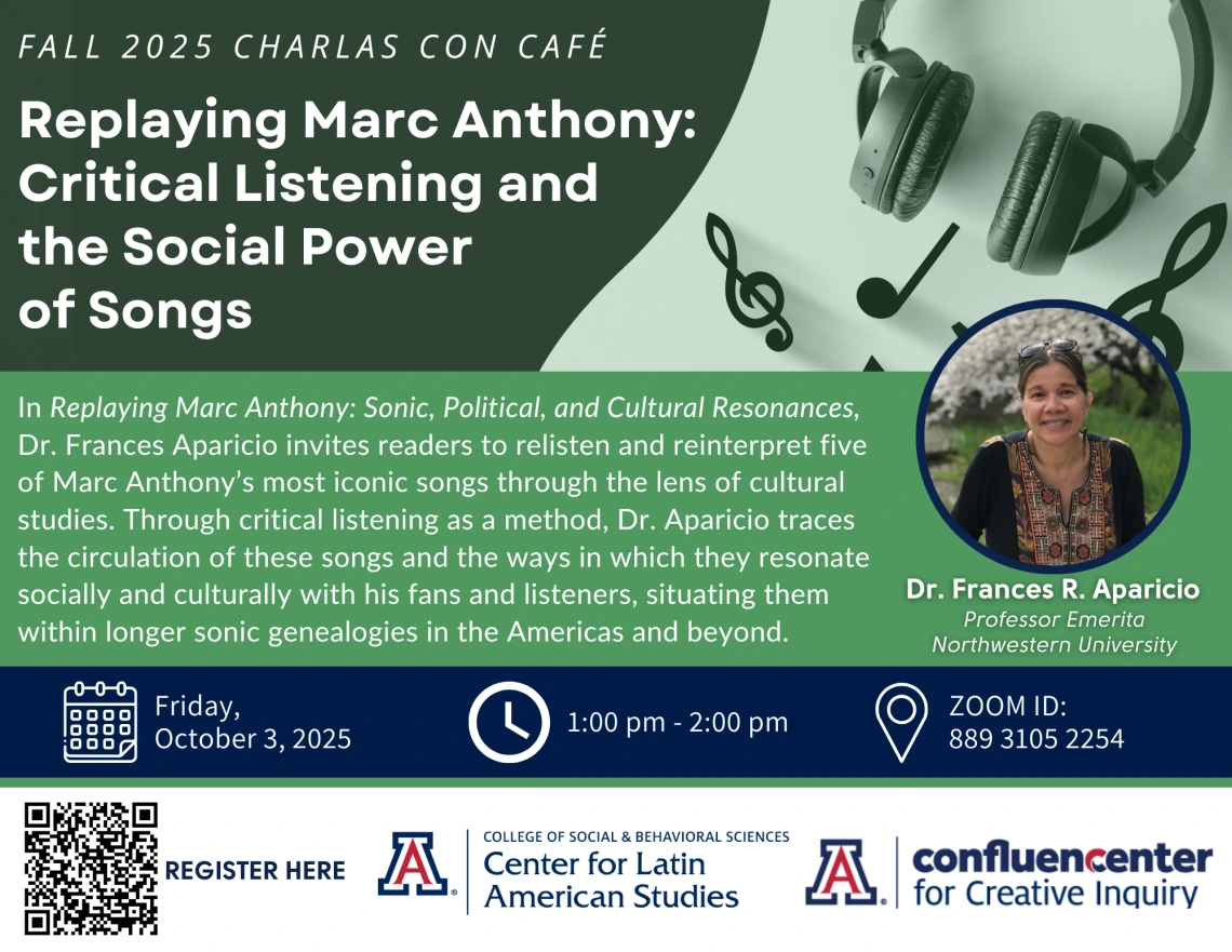 In Replaying Marc Anthony: Sonic, Political, and Cultural Resonances, Dr. Frances Aparicio invites readers to relisten and reinterpret five of Marc Anthony’s most iconic songs through the lens of cultural studies. Through critical listening as a method, Dr. Aparicio traces the circulation of these songs and the ways in which they resonate socially and culturally with his fans and listeners, situating them within longer sonic genealogies in the Americas and beyond.  Frances R. Aparicio was Professor of Spani